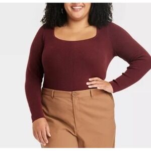 Ava & Viv Women's Plus Size 4X Square Neck Burgundy Pullover Sweater NWT